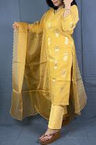Mustard Color Pure Chanderi Silk Banarasi Handloom 3 pcs suit with Organza Dupatta