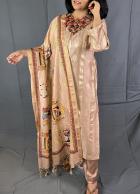 Chikoo Color Pure Chanderi Silk Banarasi Handloom Suit with Digitally Printed Pichwai Dupatta