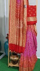 Red and Fuchsia Pure Handloom Khaddi Silk Georgette Banarasi Bandhej 