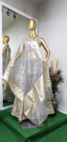 Gray Color Pure Handloom Banarasi Organza Silk 3 pcs Lehanga Set