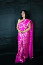 Hot Pink Pure Handloom Banarasi Katan Silk Designer Saree with women face motifs